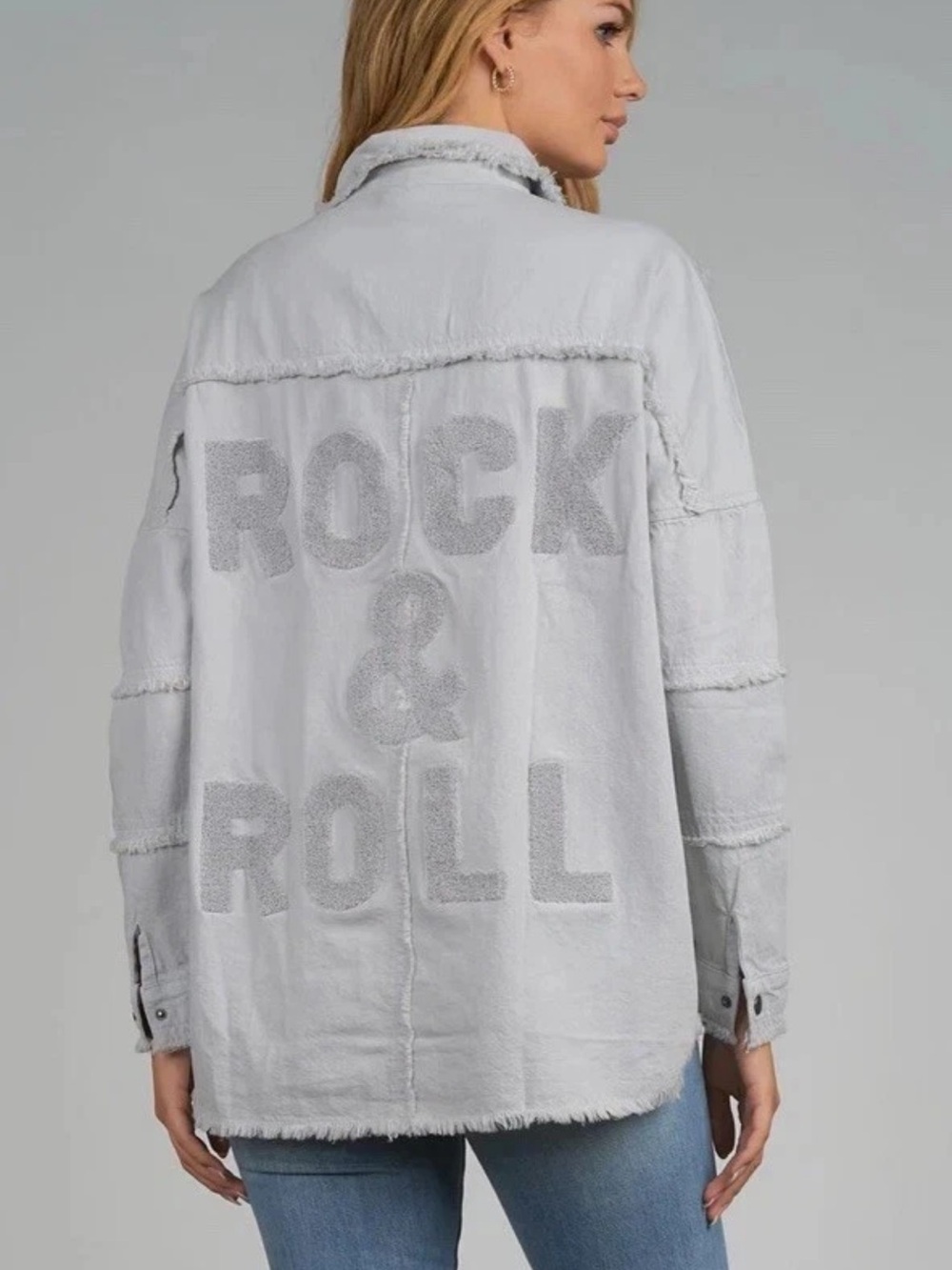 ELAN “Rock & Roll” Gray Distressed Cotton Denim-Like Snap Up Oversized Jacket XS